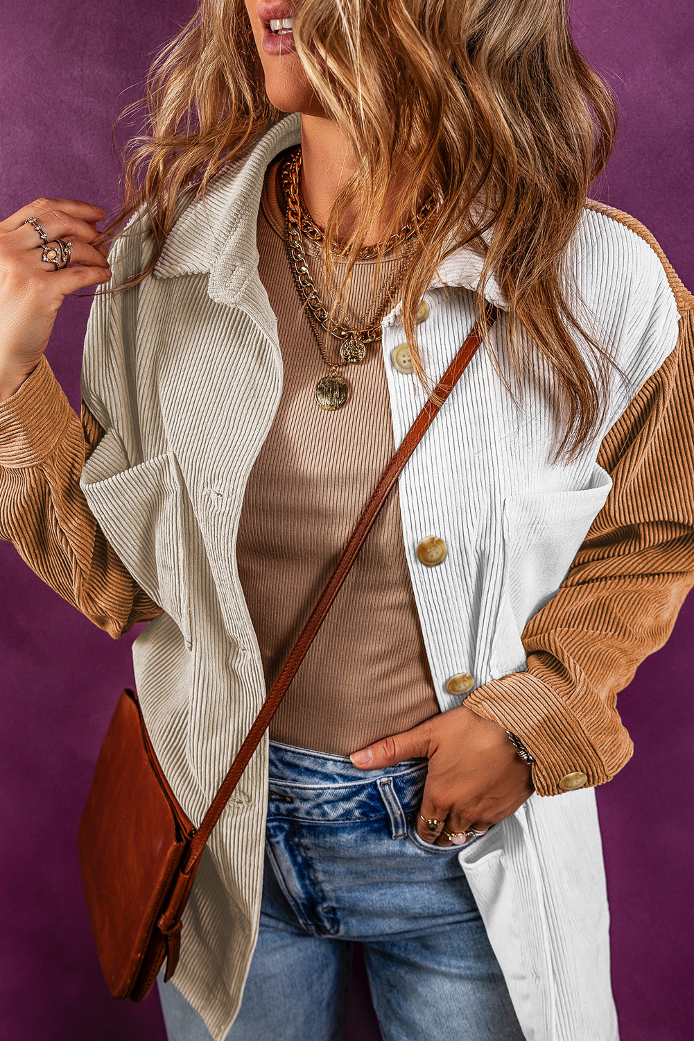 Multicolour Corduroy Colorblock Loose Shacket - Premium Outerwear from Momma Done Gone Crafty- Just $50.82! Shop now at Momma Done Gone Crafty