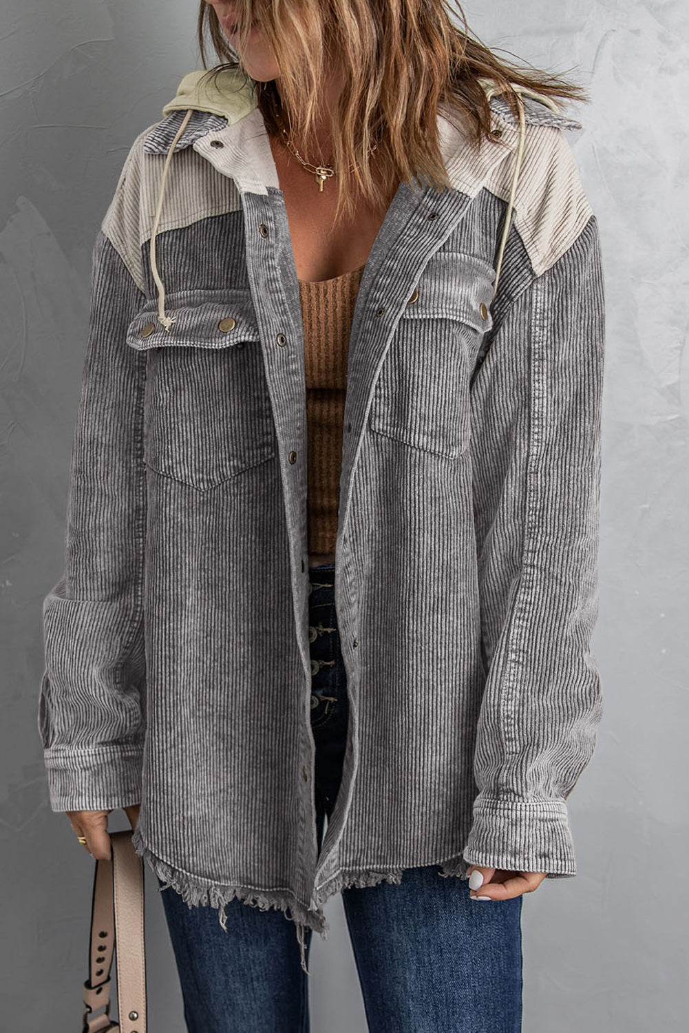 Gray Color Block Button Down Hooded Corduroy Jacket - Premium Outerwear from Momma Done Gone Crafty- Just $68.94! Shop now at Momma Done Gone Crafty