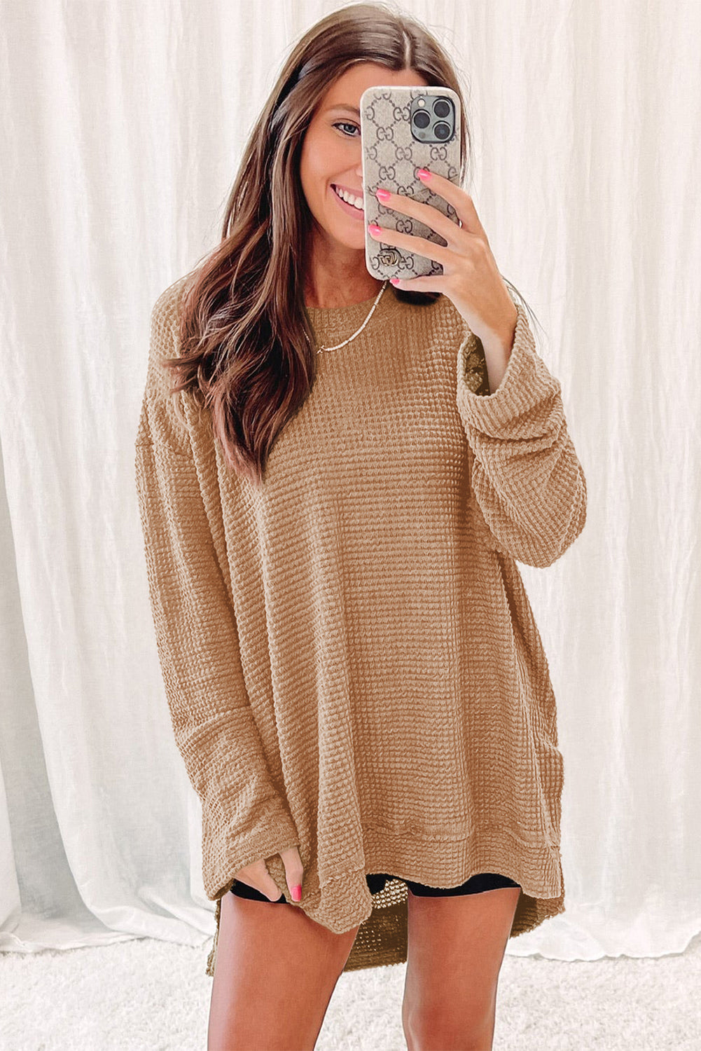 Khaki Waffle Knit High Slits Oversized Top - Premium Tops from Momma Done Gone Crafty- Just $32.97! Shop now at Momma Done Gone Crafty