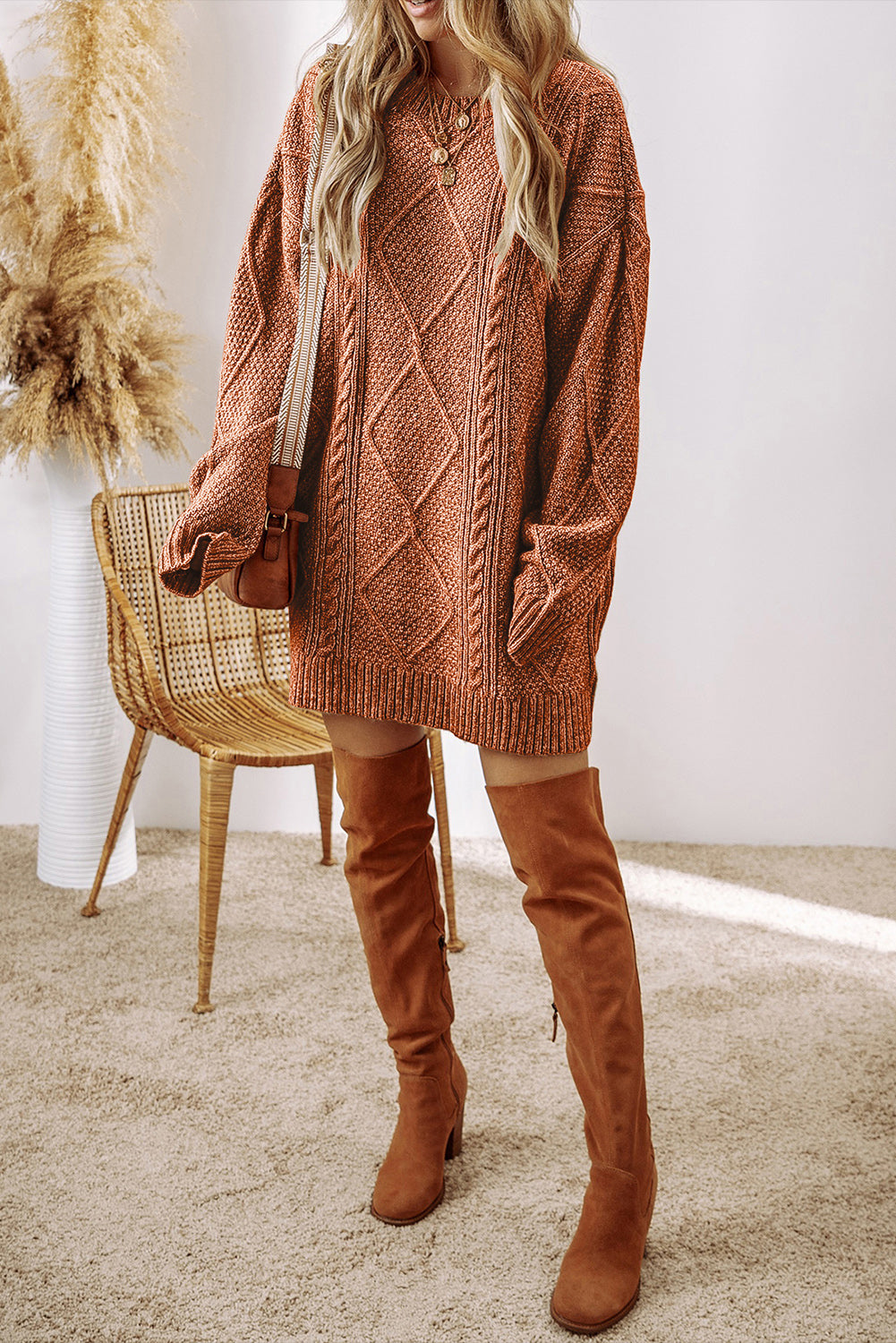 Coffee Cable Knit Drop Shoulder Loose Fit Sweater Dress - Premium Sweaters & Cardigans/Sweater Dresses from Momma Done Gone Crafty- Just $35.85! Shop now at Momma Done Gone Crafty