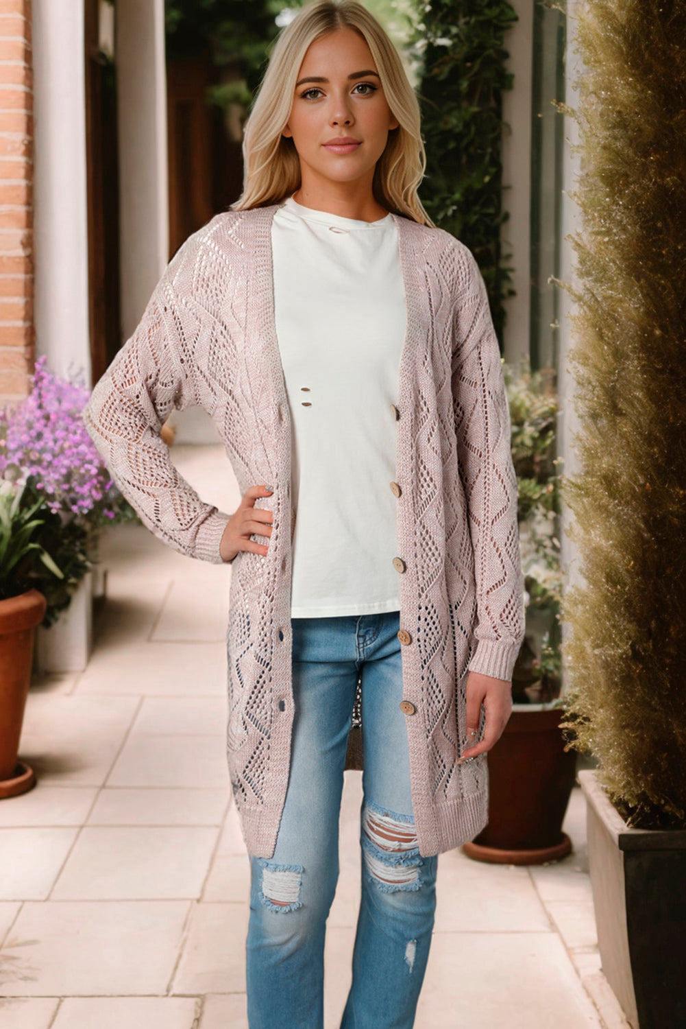 Khaki Hollow-out Openwork Knit Cardigan - Premium Tops from Momma Done Gone Crafty- Just $49.99! Shop now at Momma Done Gone Crafty