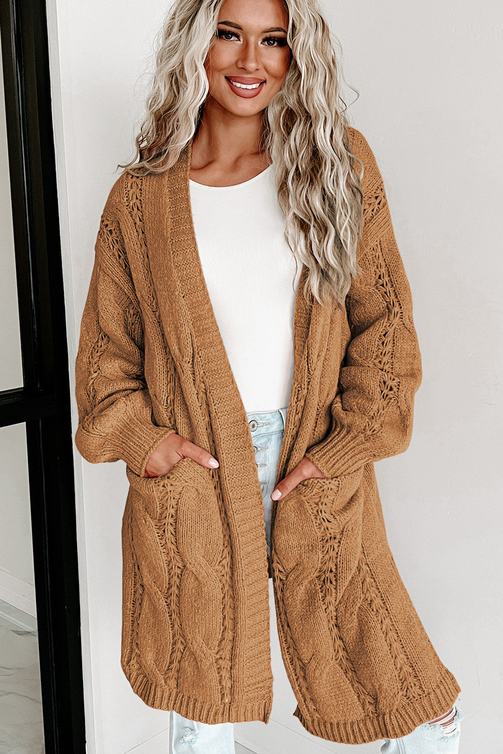 Khaki Ribbed Trim Eyelet Cable Knit Cardigan - Premium Tops from Momma Done Gone Crafty- Just $41.70! Shop now at Momma Done Gone Crafty
