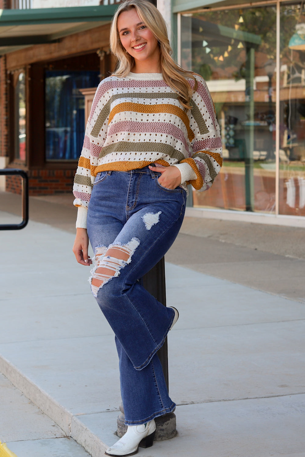 Multicolor Striped Hollowed Knitted Loose Sweater - Premium Tops from Momma Done Gone Crafty- Just $35.40! Shop now at Momma Done Gone Crafty