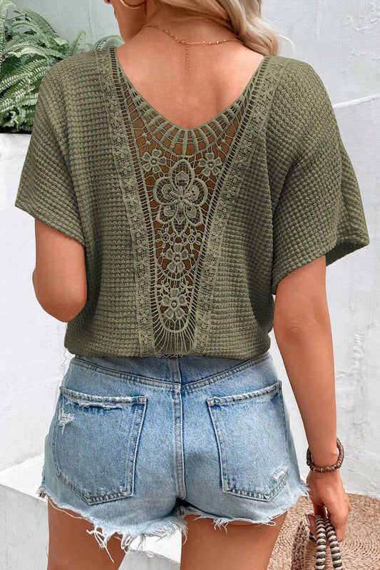 Moss Green Guipure Lace Patch Textured T-shirt - Premium Tops/Tops & Tees from Momma Done Gone Crafty- Just $28.99! Shop now at Momma Done Gone Crafty
