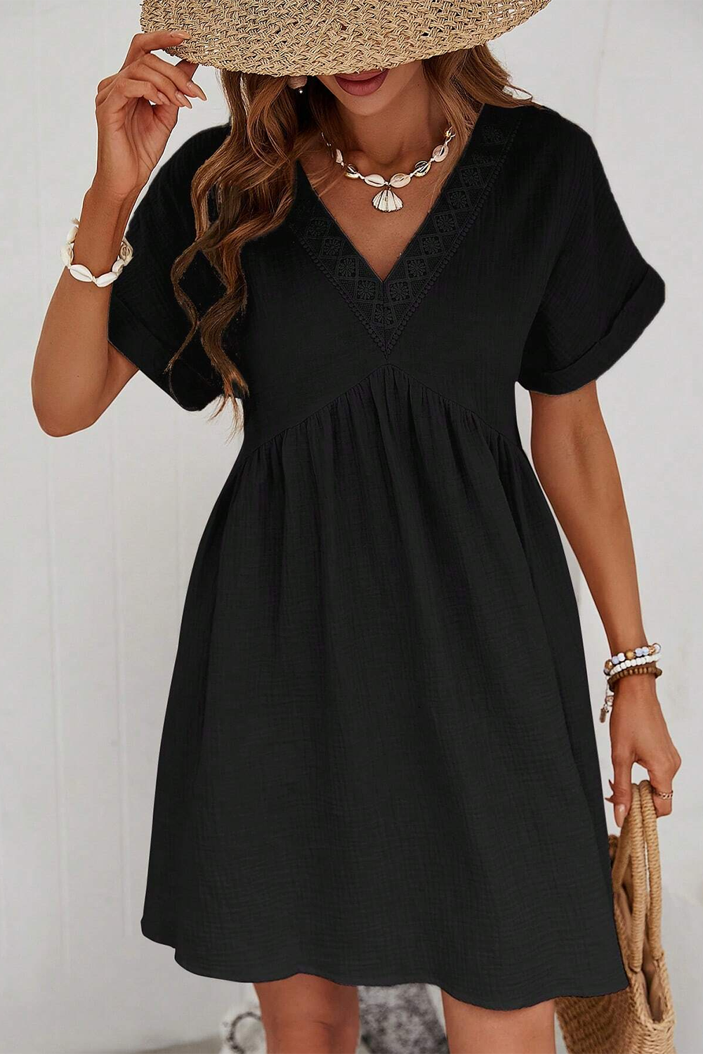 Black Folded Short Sleeve Lace V Neck Mini Dress - Premium Dresses/Mini Dresses from Momma Done Gone Crafty- Just $34! Shop now at Momma Done Gone Crafty