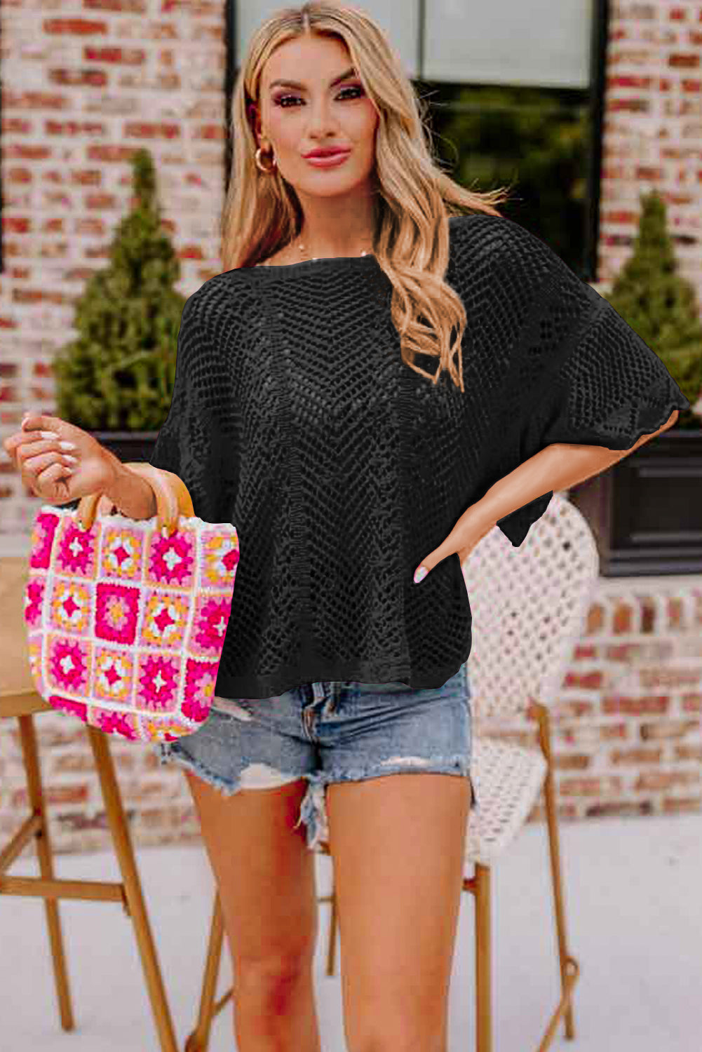 Black Pointelle Knit Scallop Edge Short Sleeve Top - Premium Sweaters & Cardigans/Short Sleeve Sweaters from Momma Done Gone Crafty- Just $28! Shop now at Momma Done Gone Crafty