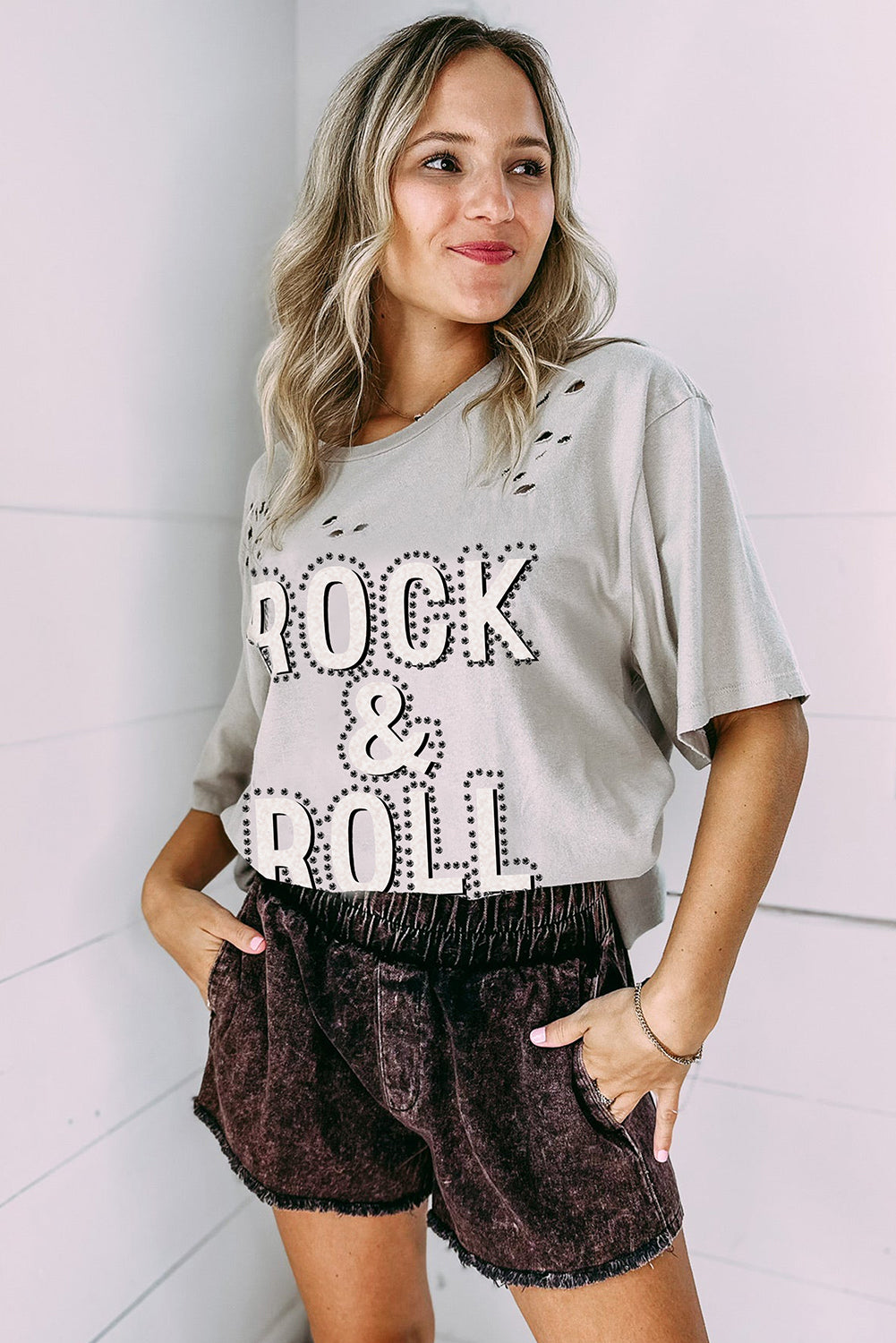 Gray Rock & Roll Graphic Distressed Vintage Tee - Premium Tops/Tops & Tees from Momma Done Gone Crafty- Just $29.99! Shop now at Momma Done Gone Crafty