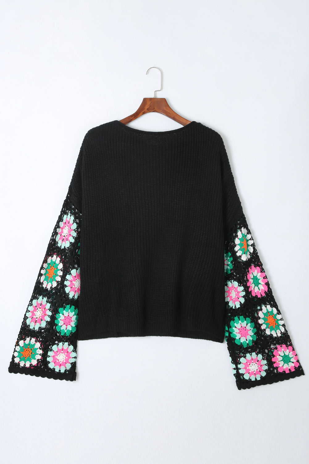 Black Floral Crochet Bell Sleeve Loose Sweater - Premium Tops from Momma Done Gone Crafty- Just $52.99! Shop now at Momma Done Gone Crafty
