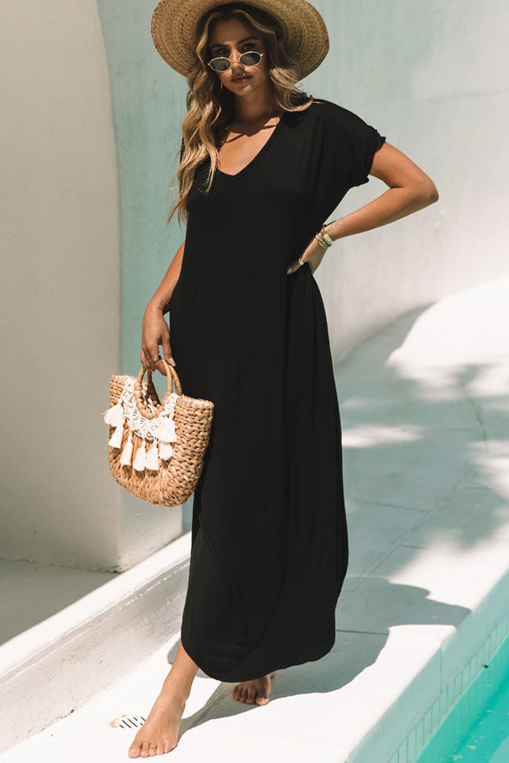 Black V Neck Hidden Pocket Splits Maxi T-shirt Dress - Premium Dresses/T Shirt Dresses from Ashes 2 Wildflowers Boutique, LLC- Just $21! Shop now at Ashes 2 Wildflowers Boutique, LLC