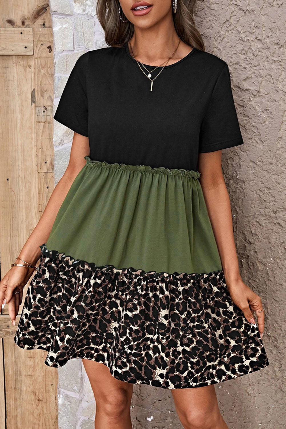 Jungle Green Leopard Print Colorblock Frill Trim T-shirt Dress - Premium Dresses/T Shirt Dresses from Momma Done Gone Crafty- Just $22.71! Shop now at Momma Done Gone Crafty