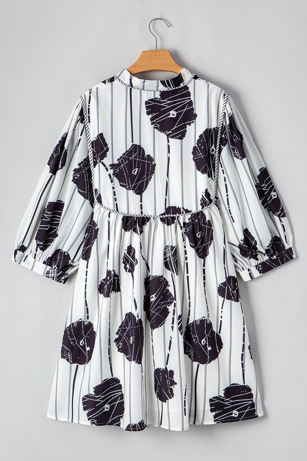 Black Plus Size Floral 3/4 Puff Sleeve Lace-up Neck Mini Dress - Premium Plus Size/Plus Size Dresses/Plus Size Mini Dresses from Momma Done Gone Crafty- Just $39.15! Shop now at Momma Done Gone Crafty