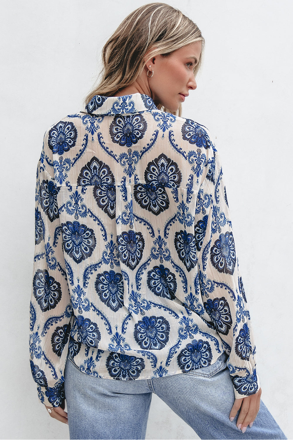 Blue Tribal Pattern Buttoned Front Loose Shirt - Premium Tops/Blouses & Shirts from Ashes 2 Wildflowers Boutique, LLC- Just $23.58! Shop now at Ashes 2 Wildflowers Boutique, LLC