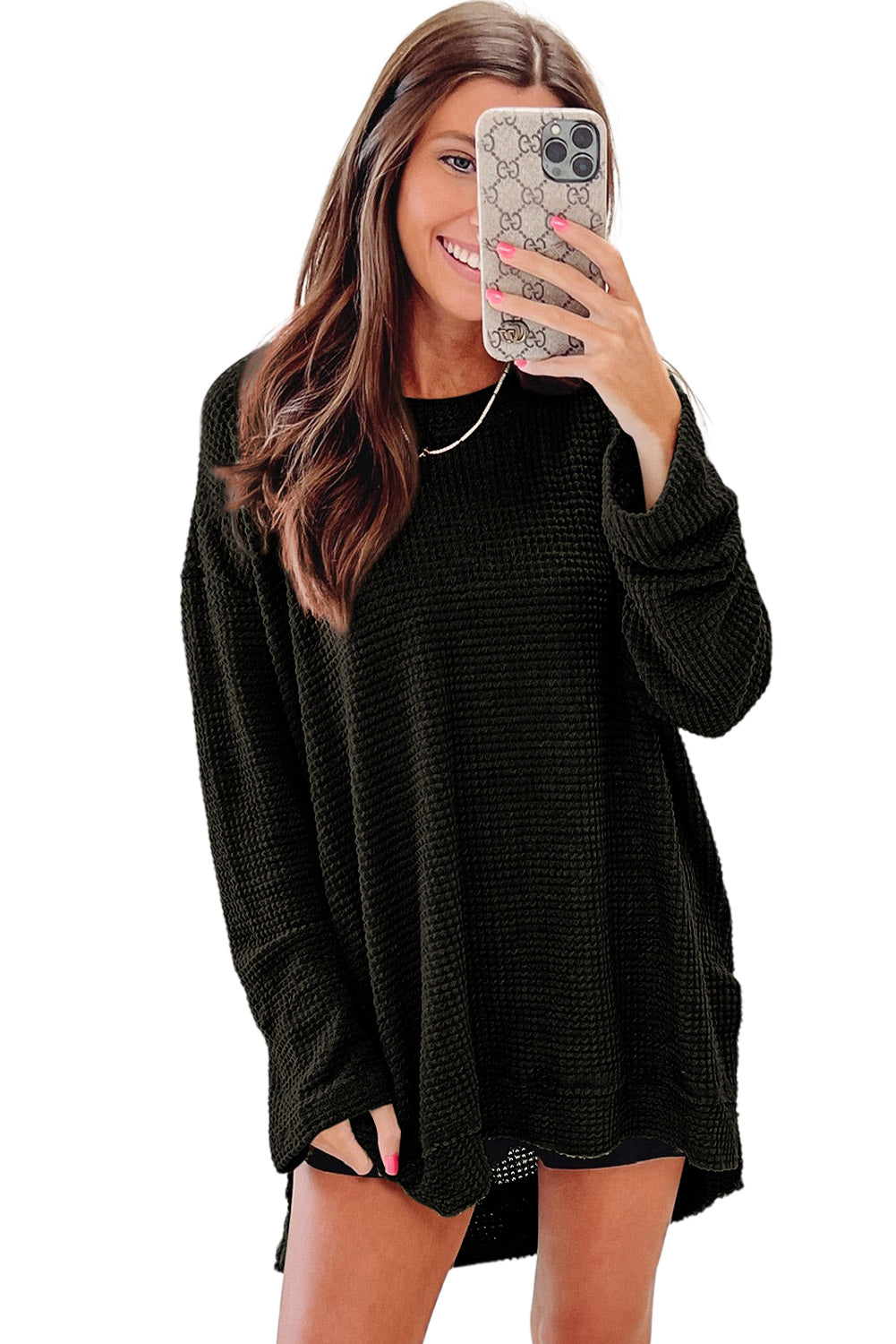 Black Waffle Knit High Slits Oversized Top - Premium Tops from Momma Done Gone Crafty- Just $33.87! Shop now at Momma Done Gone Crafty