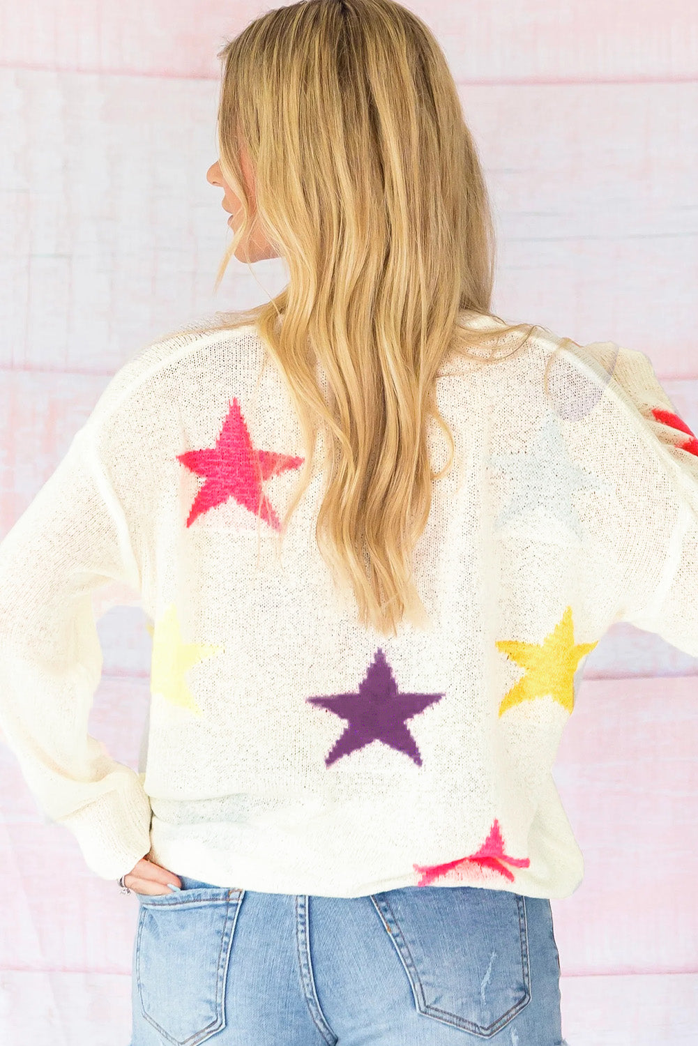 White Colorful Star Pattern Loose Sweater - Premium Tops from Momma Done Gone Crafty- Just $38.94! Shop now at Momma Done Gone Crafty