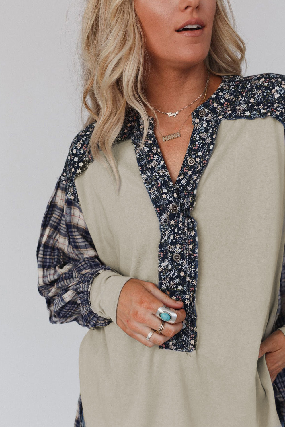 Blue Floral Plaid Mixed Print Bishop Sleeve Patchwork Top - Premium Tops from Momma Done Gone Crafty- Just $45.87! Shop now at Momma Done Gone Crafty
