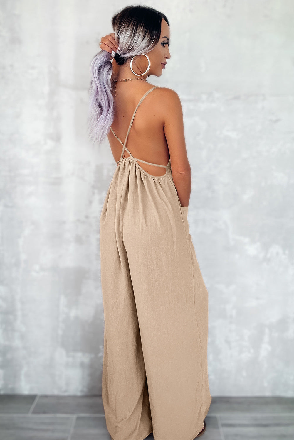Apricot Spaghetti Straps Waist Tie Wide Leg Jumpsuit with Pockets - Premium Bottoms/Jumpsuits & Rompers from Momma Done Gone Crafty- Just $17.58! Shop now at Momma Done Gone Crafty