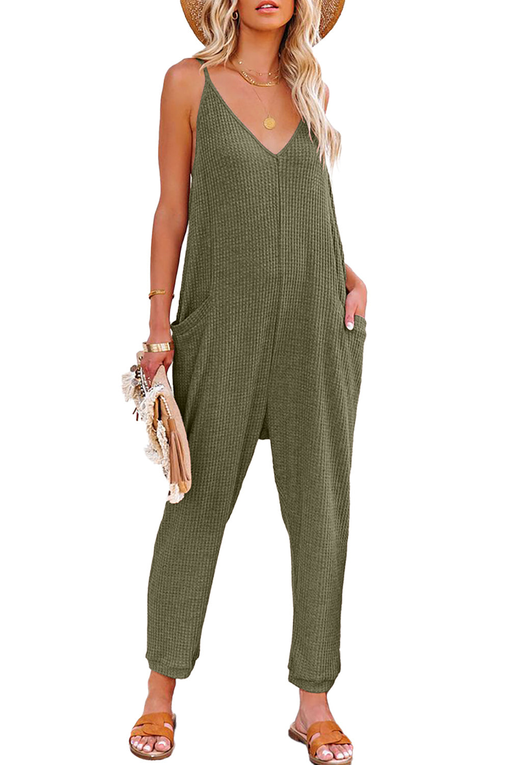 Green Textured Sleeveless V-Neck Pocketed Casual Jumpsuit - Premium Bottoms/Jumpsuits & Rompers from Momma Done Gone Crafty- Just $22.20! Shop now at Momma Done Gone Crafty