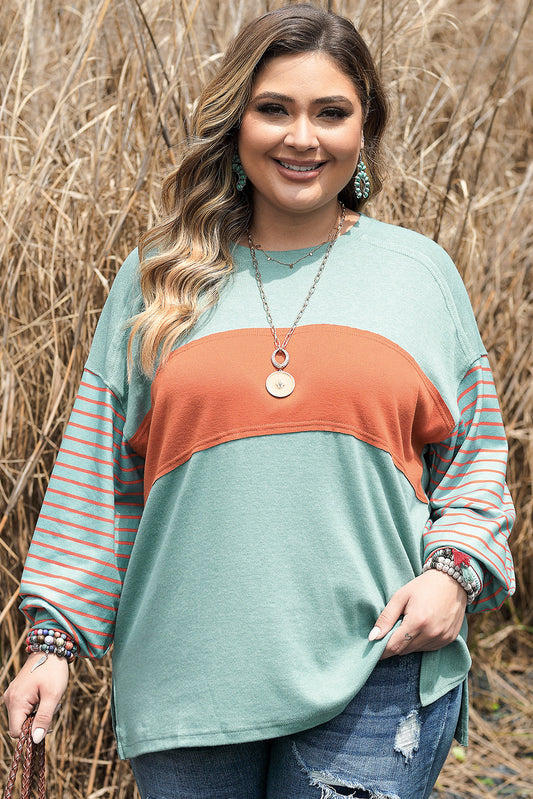 Green Plus Size Striped Long Sleeve Colorblock Tee with Slits - Premium Plus Size from Momma Done Gone Crafty- Just $35.99! Shop now at Momma Done Gone Crafty
