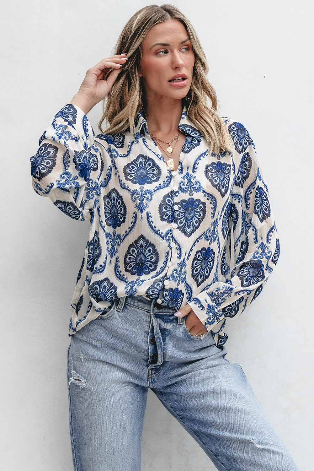 Blue Tribal Pattern Buttoned Front Loose Shirt - Premium Tops/Blouses & Shirts from Ashes 2 Wildflowers Boutique, LLC- Just $23.58! Shop now at Ashes 2 Wildflowers Boutique, LLC