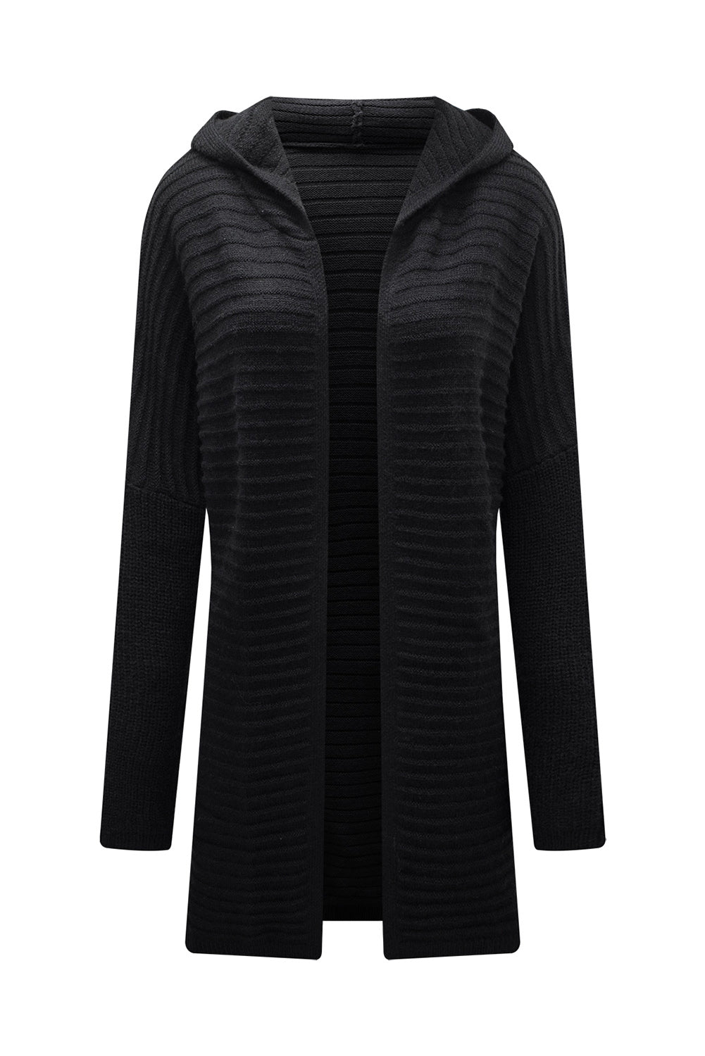 Black Horizontal Rib Knitted Open Front Hooded Cardigan - Premium Sweaters & Cardigans/Cardigans from Momma Done Gone Crafty- Just $36.60! Shop now at Momma Done Gone Crafty