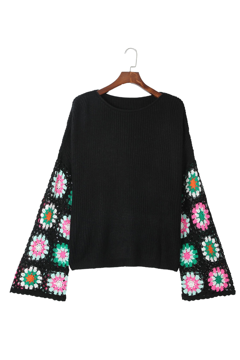 Black Floral Crochet Bell Sleeve Loose Sweater - Premium Tops from Momma Done Gone Crafty- Just $52.99! Shop now at Momma Done Gone Crafty