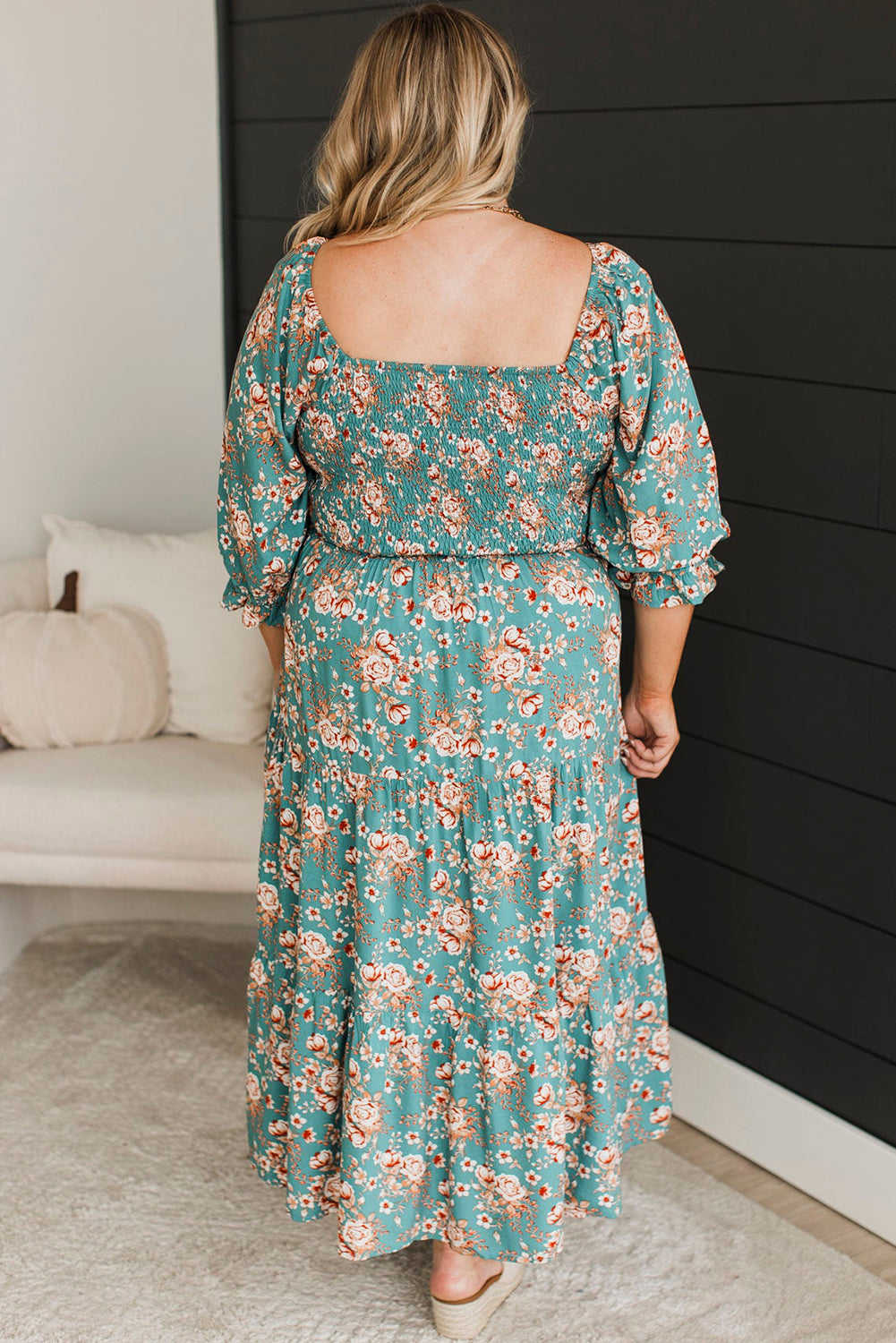 Green Plus Size Floral Print Square Neck Smocked Maxi Dress - Premium Plus Size/Plus Size Dresses/Plus Size Maxi Dresses from Momma Done Gone Crafty- Just $49.95! Shop now at Momma Done Gone Crafty