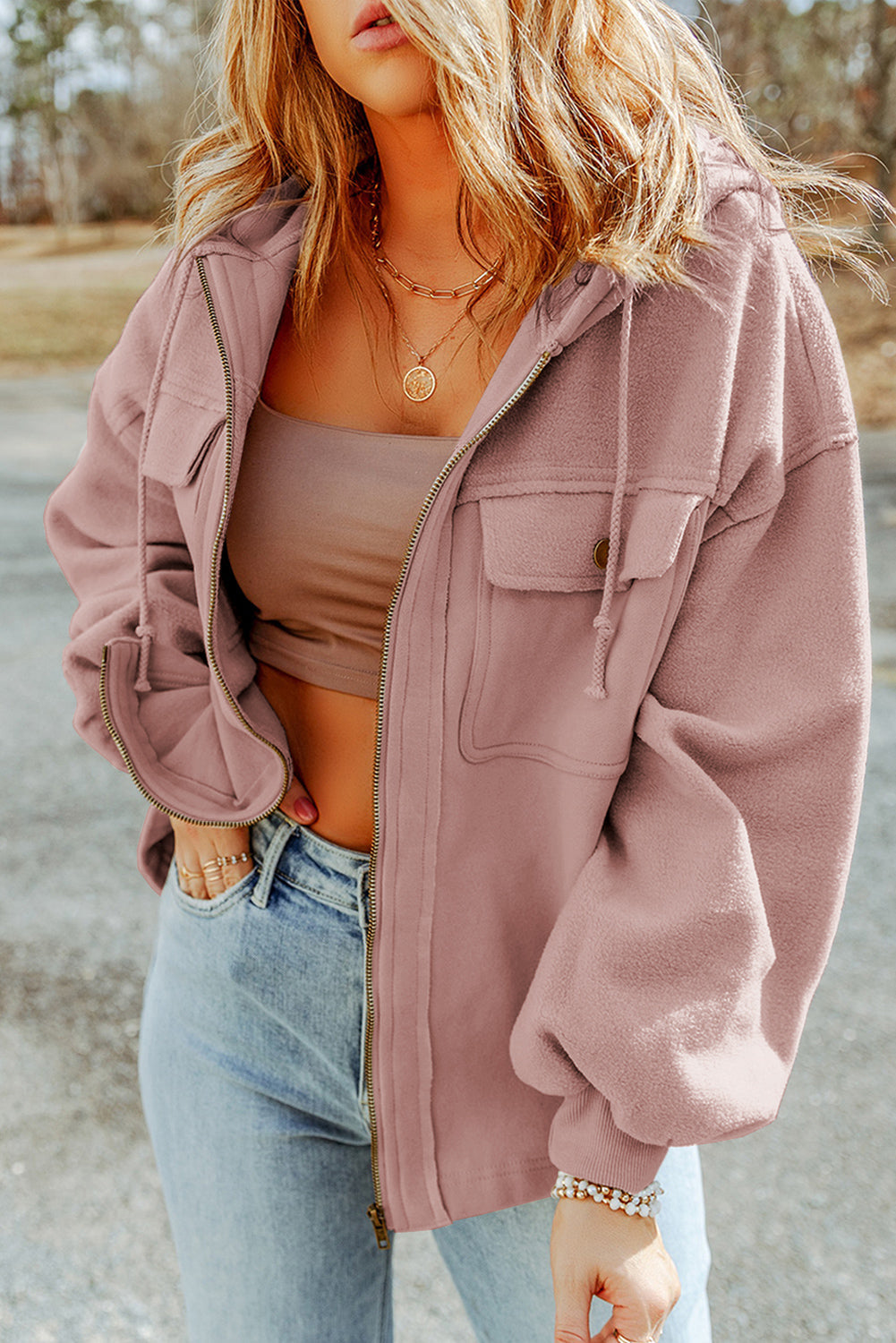 Pink Flap Pocket Drawstring Hood Zip Up Jacket - Premium Outerwear from Momma Done Gone Crafty- Just $58.99! Shop now at Momma Done Gone Crafty