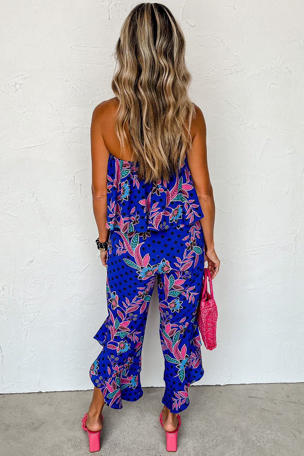 Blue Mix Tropical Print Strapless Ruffled Jumpsuit - Premium Bottoms/Jumpsuits & Rompers from Momma Done Gone Crafty- Just $24.48! Shop now at Momma Done Gone Crafty