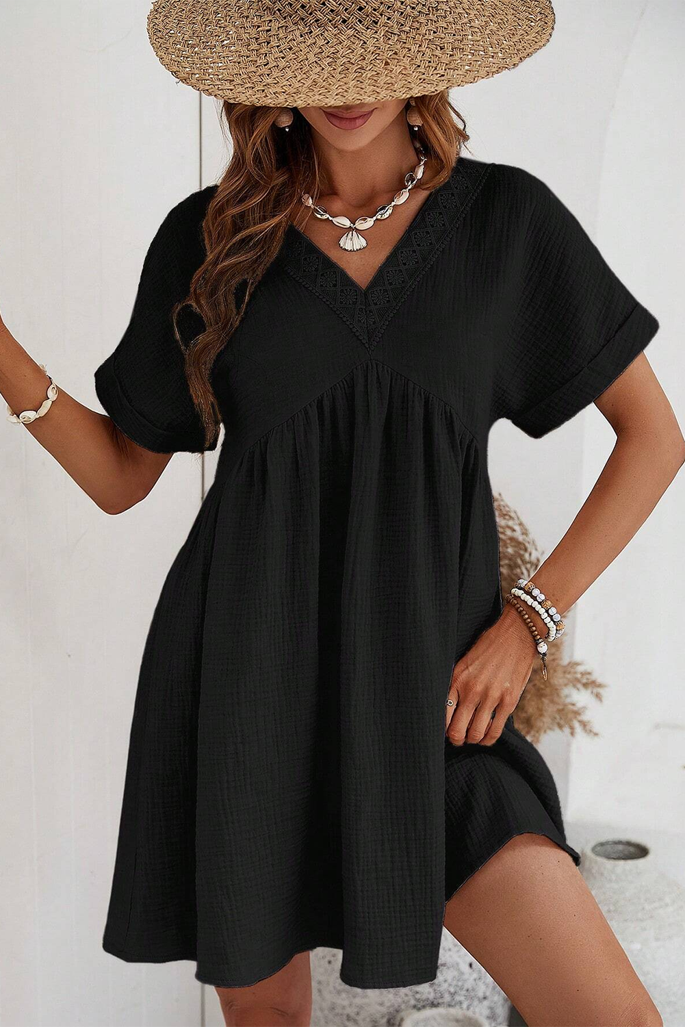 Black Folded Short Sleeve Lace V Neck Mini Dress - Premium Dresses/Mini Dresses from Momma Done Gone Crafty- Just $34! Shop now at Momma Done Gone Crafty