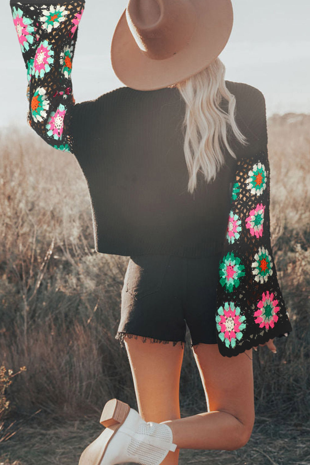 Black Floral Crochet Bell Sleeve Loose Sweater - Premium Tops from Momma Done Gone Crafty- Just $52.99! Shop now at Momma Done Gone Crafty