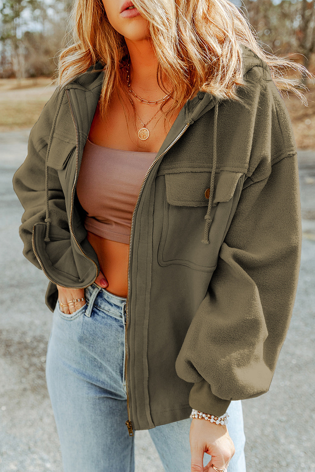 Green Flap Pocket Drawstring Hood Zip Up Jacket - Premium Outerwear from Momma Done Gone Crafty- Just $51.60! Shop now at Momma Done Gone Crafty