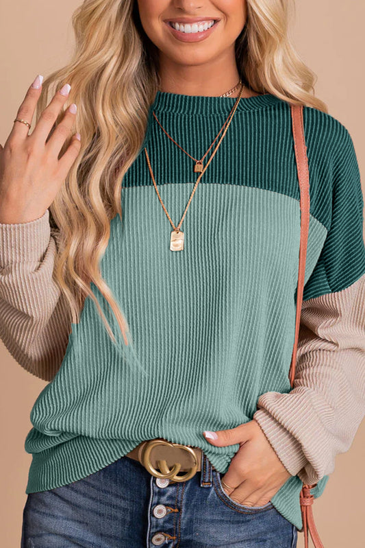 Green Color Block Long Sleeve Ribbed Loose Top - Premium Tops from Momma Done Gone Crafty- Just $37.80! Shop now at Momma Done Gone Crafty