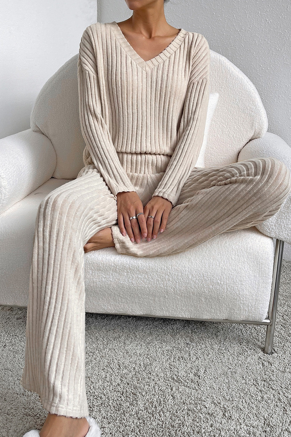 Khaki Ribbed Knit V Neck Slouchy Two-piece Outfit - Premium Loungewear & Sleepwear/Loungewear from Ashes 2 Wildflowers Boutique, LLC- Just $36.20! Shop now at Ashes 2 Wildflowers Boutique, LLC