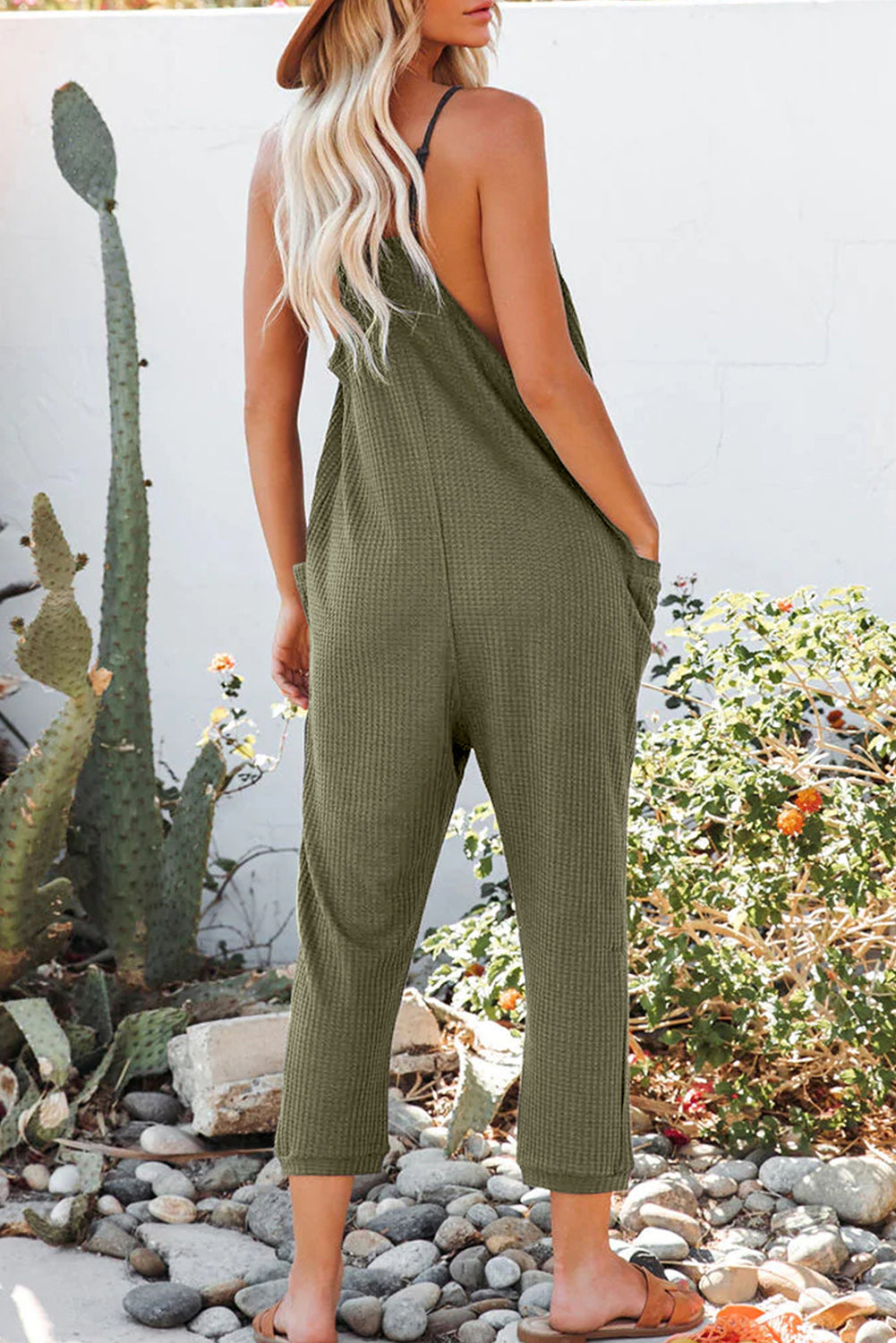 Green Textured Sleeveless V-Neck Pocketed Casual Jumpsuit - Premium Bottoms/Jumpsuits & Rompers from Momma Done Gone Crafty- Just $22.20! Shop now at Momma Done Gone Crafty