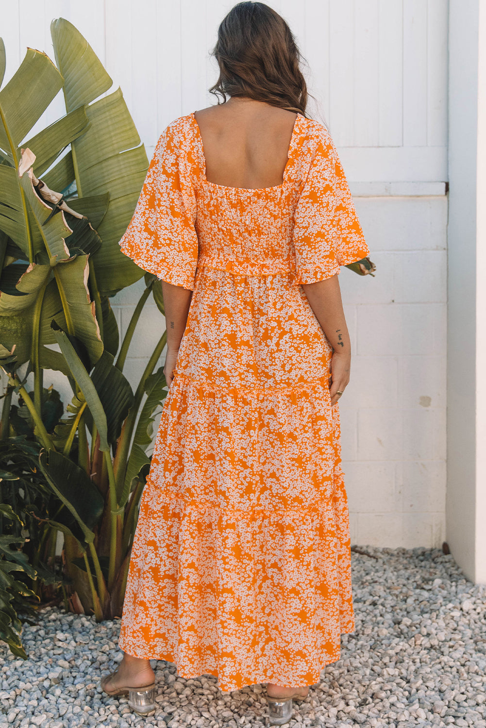 Orange Floral Print Smocked V Neck Wide Sleeve Maxi Dress - Premium Dresses/Floral Dresses from Momma Done Gone Crafty- Just $55.99! Shop now at Momma Done Gone Crafty
