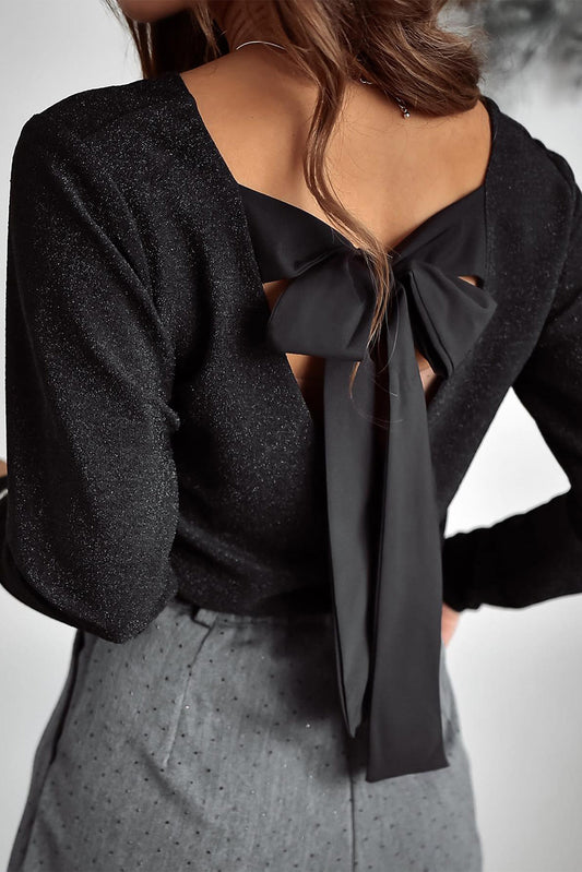 Black Metallic Bowknot Open Back V Neck Top - Premium Tops/Long Sleeve Tops from Ashes 2 Wildflowers Boutique, LLC- Just $31.33! Shop now at Ashes 2 Wildflowers Boutique, LLC