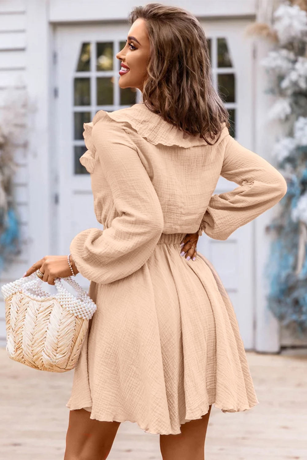 Khaki Textured Ruffled V Neck High Waist Mini Dress - Premium Dresses from Momma Done Gone Crafty- Just $63.60! Shop now at Momma Done Gone Crafty