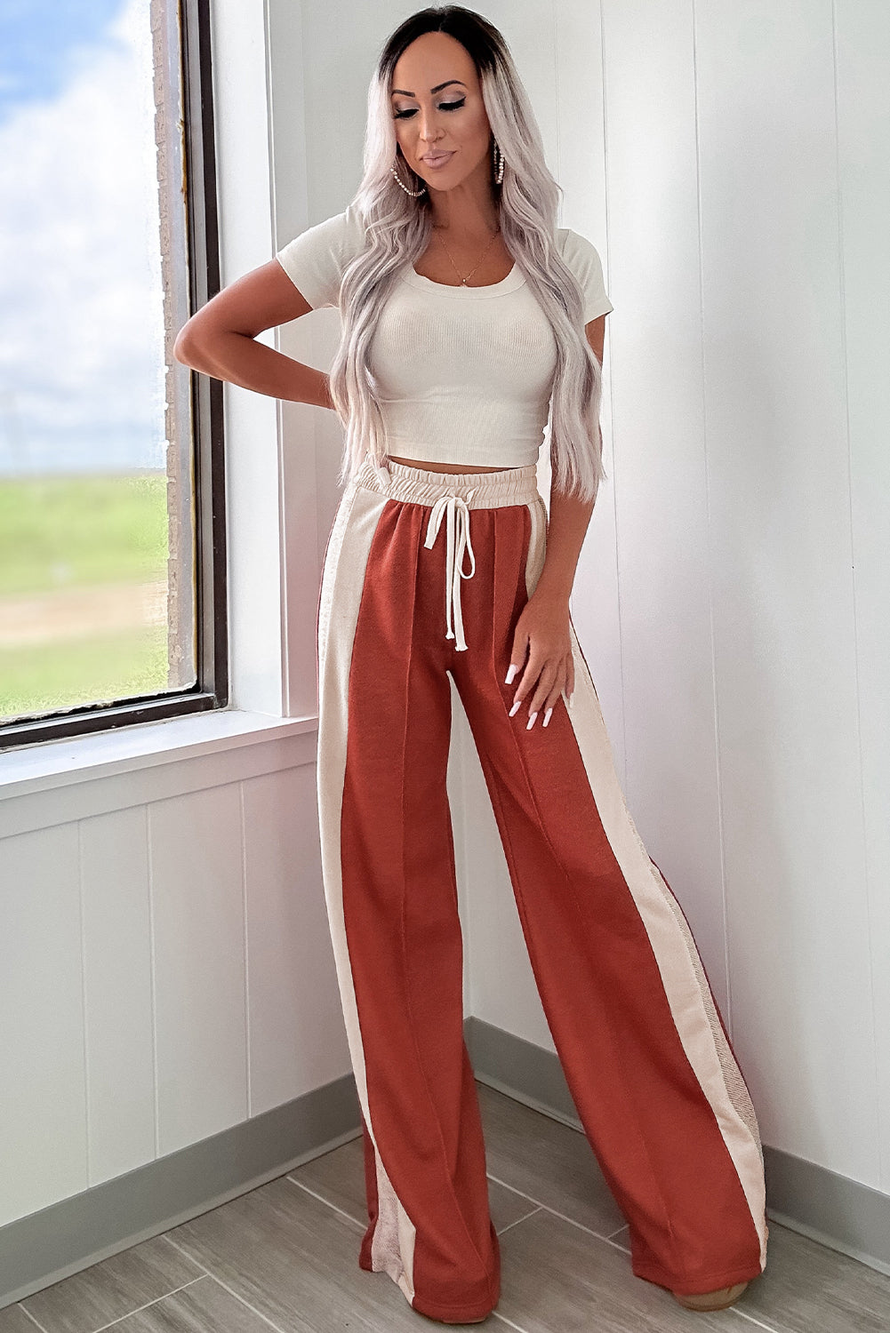 Flamingo Color Block Drawstring High Waist Wide Leg Pants - Premium Bottoms/Pants & Culotte from Momma Done Gone Crafty- Just $27.60! Shop now at Momma Done Gone Crafty