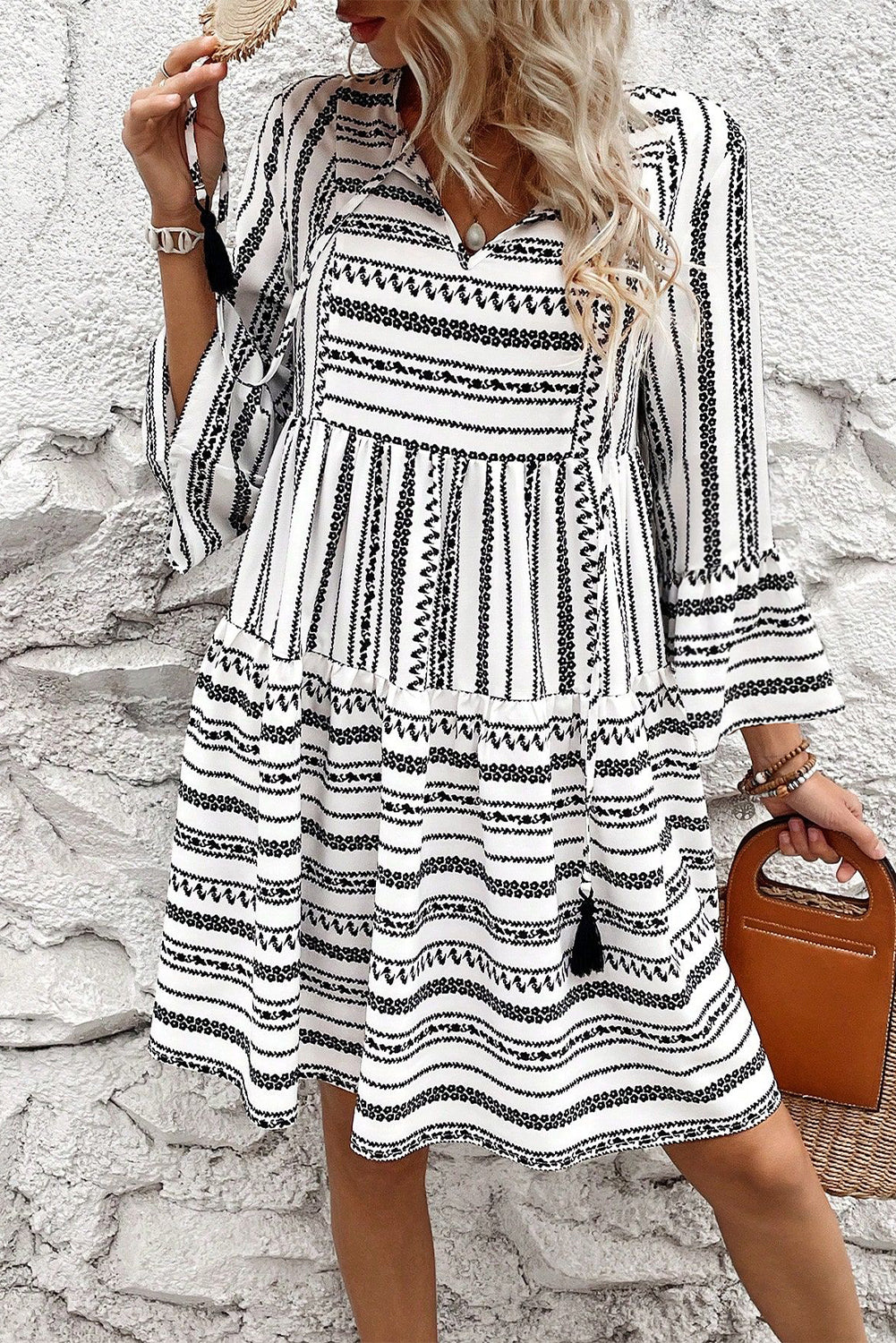 Black Stripe V Neck Bell Sleeve High Waist Mini Dress - Premium Dresses/Mini Dresses from Momma Done Gone Crafty- Just $45.99! Shop now at Momma Done Gone Crafty