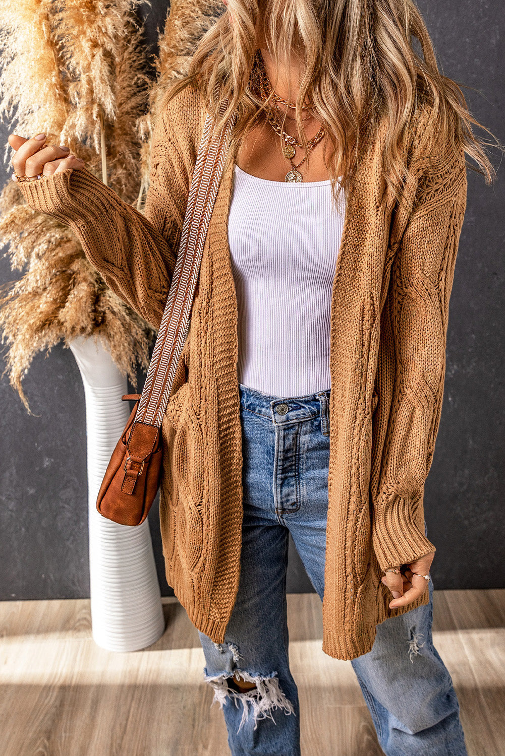 Khaki Ribbed Trim Eyelet Cable Knit Cardigan - Premium Tops from Momma Done Gone Crafty- Just $41.70! Shop now at Momma Done Gone Crafty