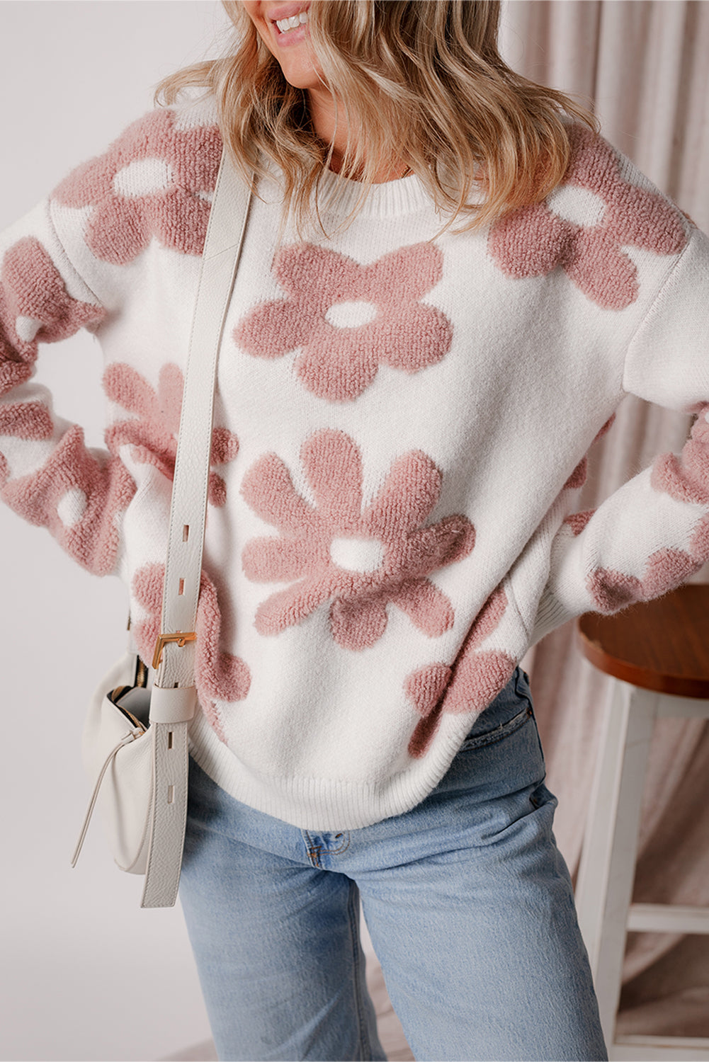 White Textured Flower Drop Shoulder Loose Sweater - Premium Sweaters & Cardigans/Sweaters from Ashes 2 Wildflowers Boutique, LLC- Just $36.43! Shop now at Ashes 2 Wildflowers Boutique, LLC