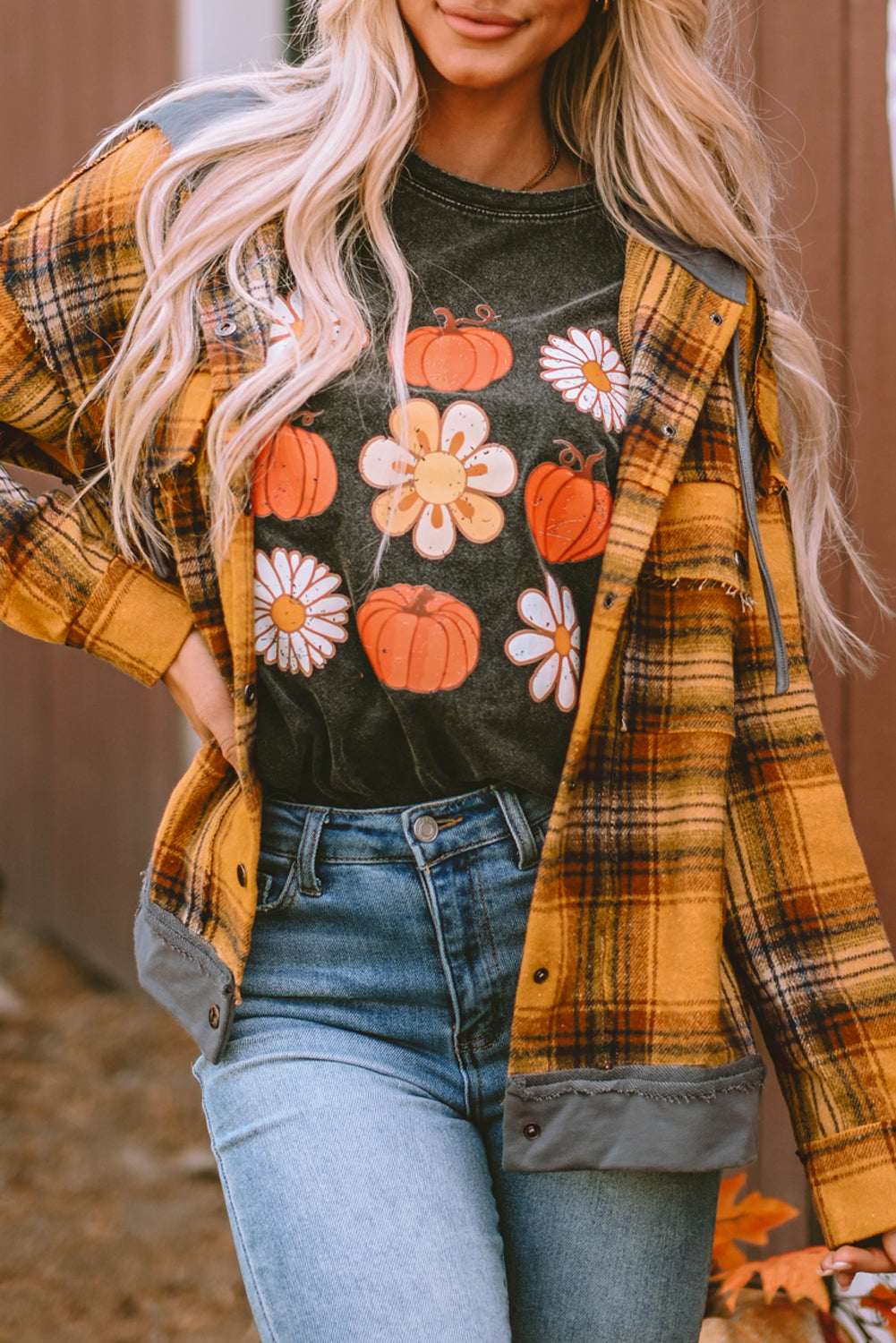 Orange Plaid Patch Hooded Frayed Snap Button Jacket - Premium Outerwear from Momma Done Gone Crafty- Just $52.62! Shop now at Momma Done Gone Crafty