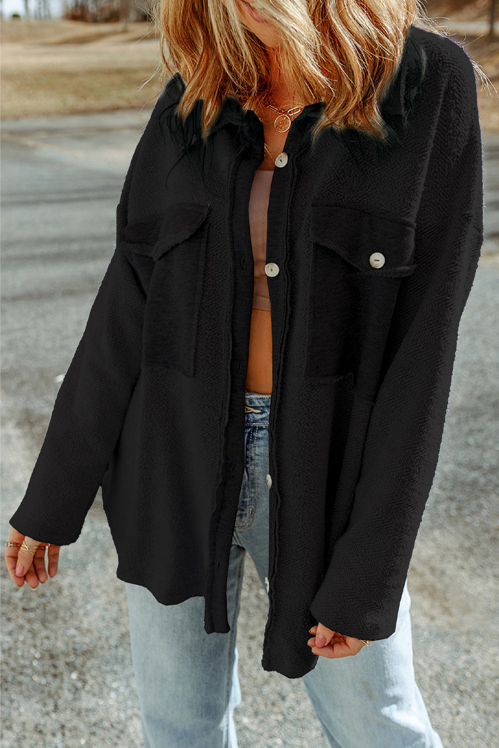 Black Contrast Flap Pockets Relaxed Shacket - Premium Outerwear from Momma Done Gone Crafty- Just $52.80! Shop now at Momma Done Gone Crafty