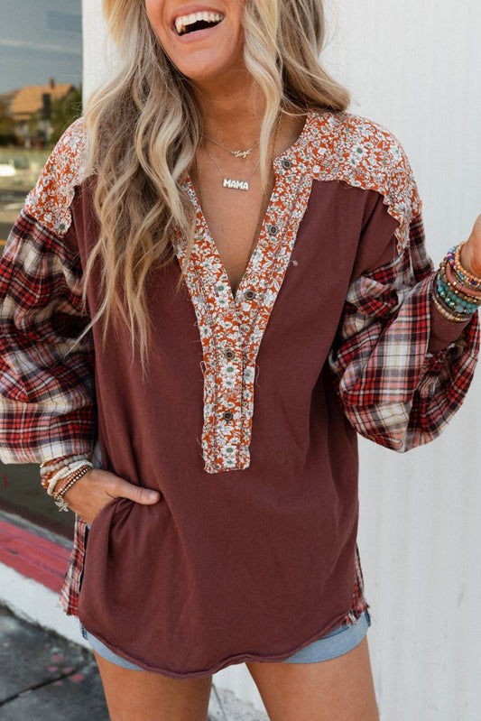 Red Floral Plaid Mixed Print Bishop Sleeve Patchwork Top - Premium Tops from Momma Done Gone Crafty- Just $61.11! Shop now at Momma Done Gone Crafty