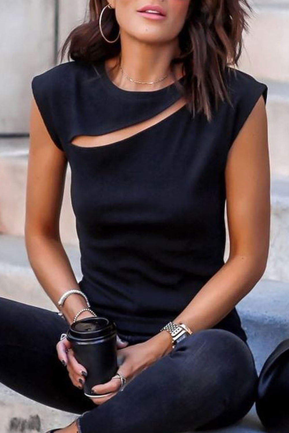 Black Slash Cutout Cap Sleeve T Shirt - Premium Tops/Tops & Tees from Momma Done Gone Crafty- Just $21.99! Shop now at Momma Done Gone Crafty