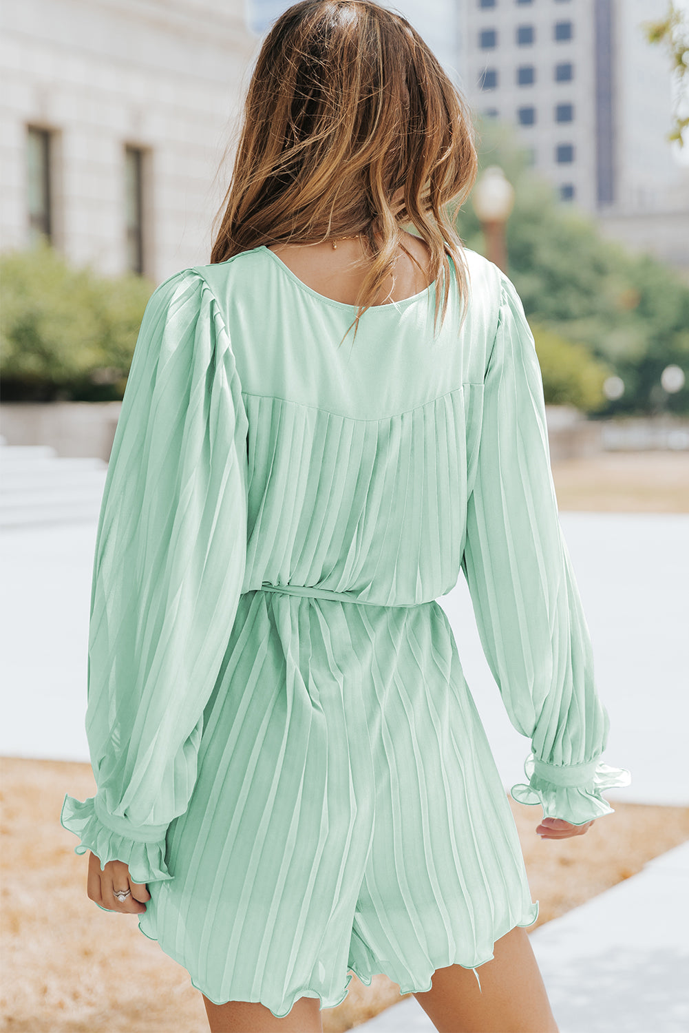 Green Pleated Ruffled Tie Waist Buttons V Neck Romper - Premium Bottoms from Momma Done Gone Crafty- Just $58.99! Shop now at Momma Done Gone Crafty