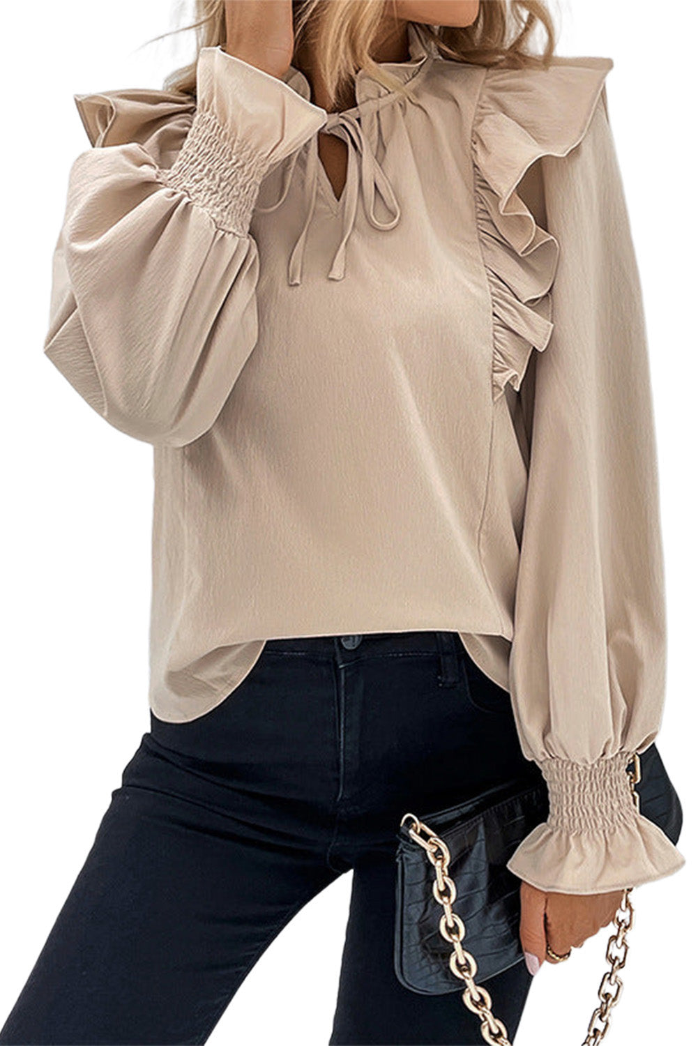 Khaki Ruffled Lace up Bubble Sleeve Blouse - Premium Tops from Momma Done Gone Crafty- Just $45.18! Shop now at Momma Done Gone Crafty