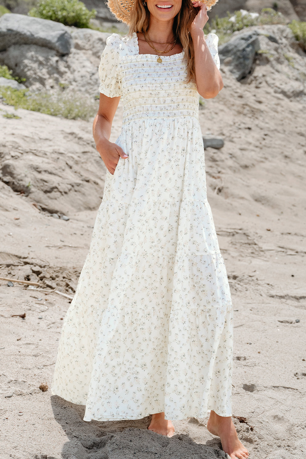 White Frilly Shirred Bodice Tiered Floral Maxi Dress - Premium Dresses/Maxi Dresses from Ashes 2 Wildflowers Boutique, LLC- Just $43.75! Shop now at Ashes 2 Wildflowers Boutique, LLC