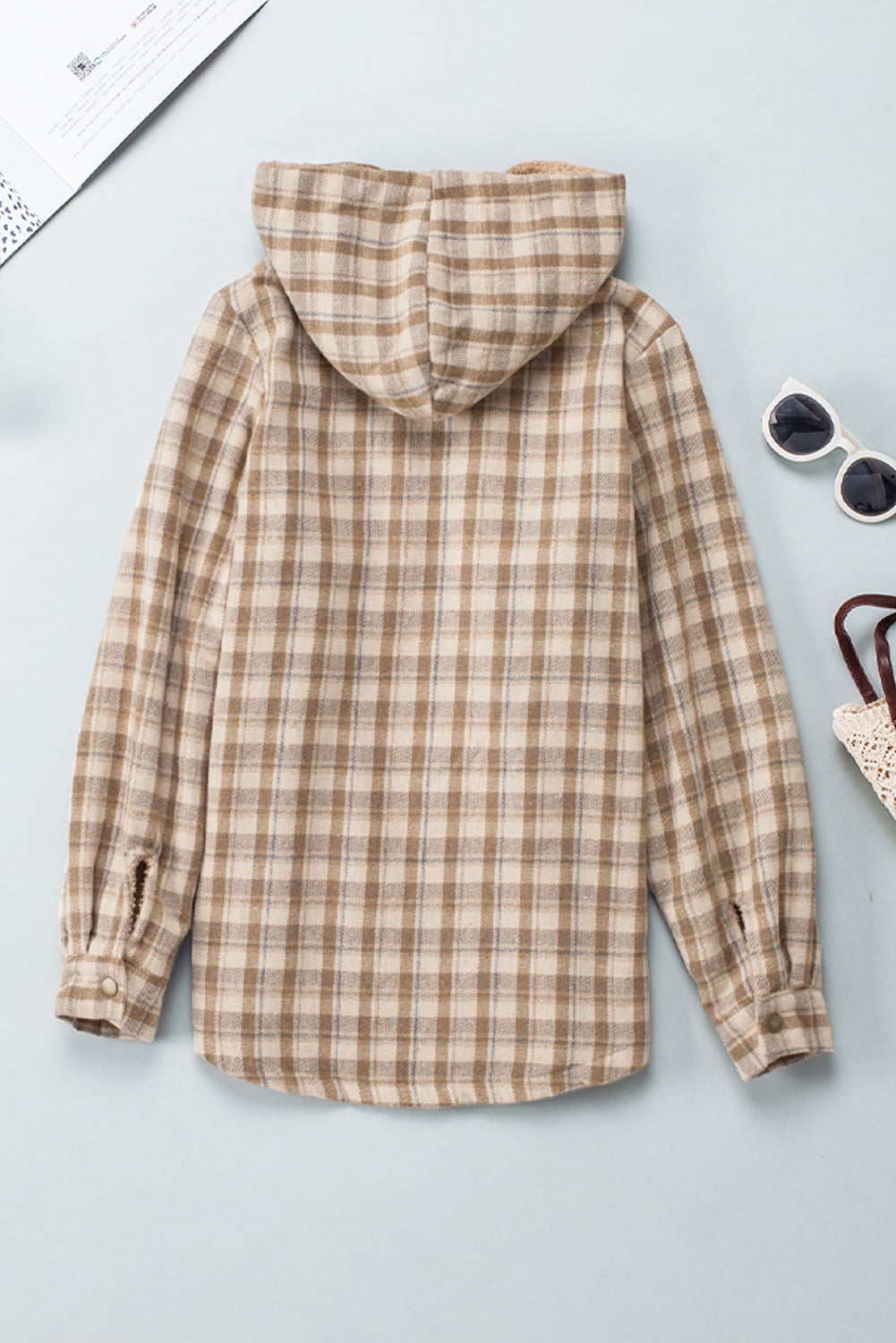 Khaki Plaid Pattern Sherpa Lined Hooded Shacket - Premium Outerwear from Momma Done Gone Crafty- Just $59.94! Shop now at Momma Done Gone Crafty
