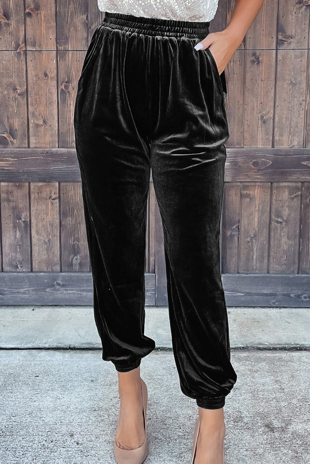 Black Solid Velvet Jogger Pants - Premium Bottoms from Momma Done Gone Crafty- Just $49.35! Shop now at Momma Done Gone Crafty